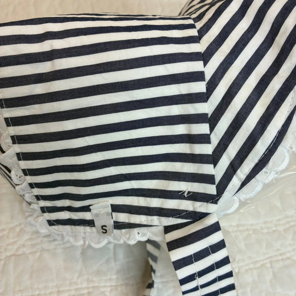 The Beaufort Bonnet Co Navy White Stripe Eyelet Trim Bonnet Small Adjustable